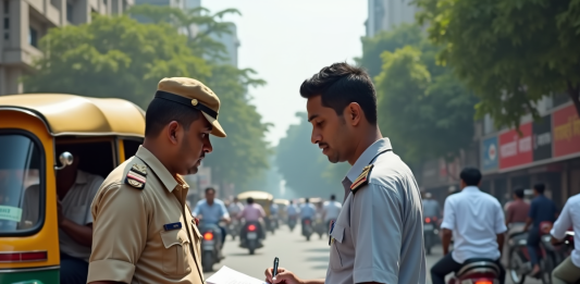 Un officiel en uniforme aide un résident à remplir un rapport à côté d'un tuk-tuk coloré dans une rue animée de Navi Mumbai