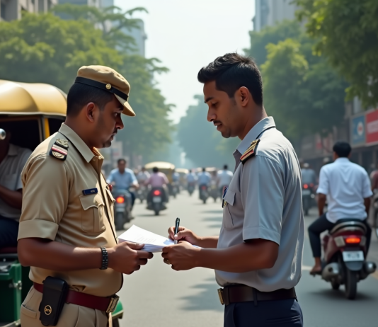 Signaler un pousse-pousse à Navi Mumbai : procédure et contacts utiles Un officiel en uniforme aide un résident à remplir un rapport à côté d'un tuk-tuk coloré dans une rue animée de Navi Mumbai