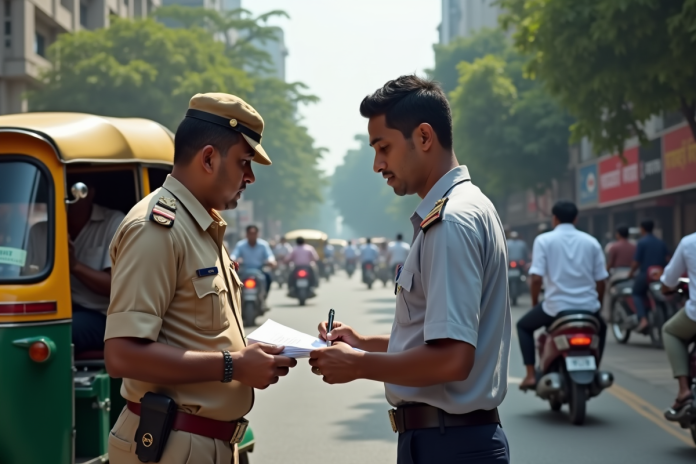 Un officiel en uniforme aide un résident à remplir un rapport à côté d'un tuk-tuk coloré dans une rue animée de Navi Mumbai