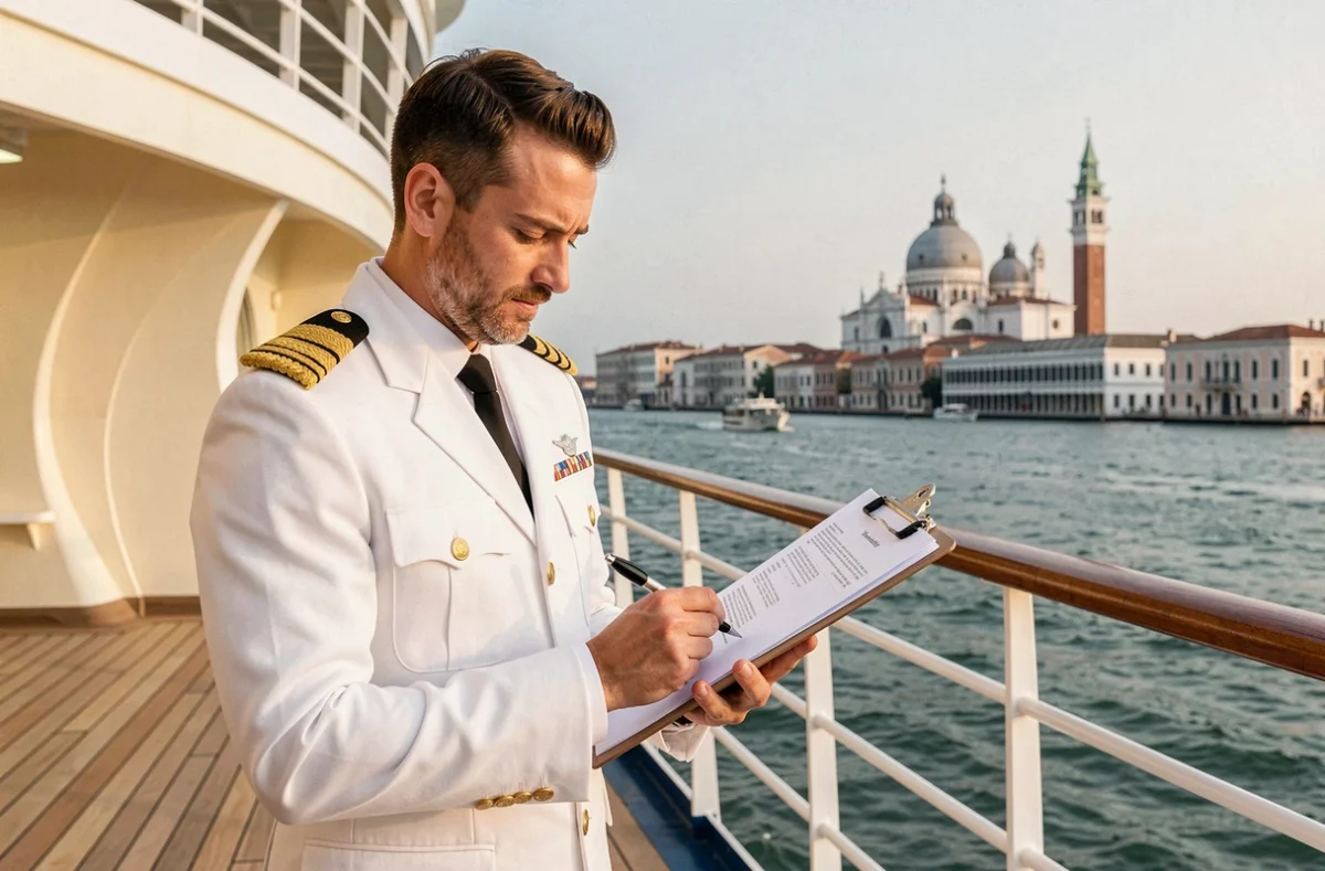 Officier de croisière en uniforme blanc sur le pont d'un navire avec la skyline de Venise en arrière-plan