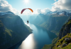 Personne en parapente sur un fjord norvegien spectaculaire