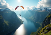 Personne en parapente sur un fjord norvegien spectaculaire