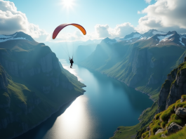 Personne en parapente sur un fjord norvegien spectaculaire