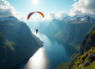 Personne en parapente sur un fjord norvegien spectaculaire