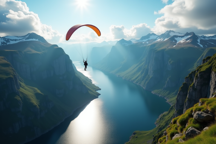 Personne en parapente sur un fjord norvegien spectaculaire