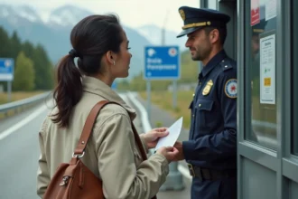 Voyageuse présentant ses documents de voyage à un poste frontière franco-italien dans les Alpes
