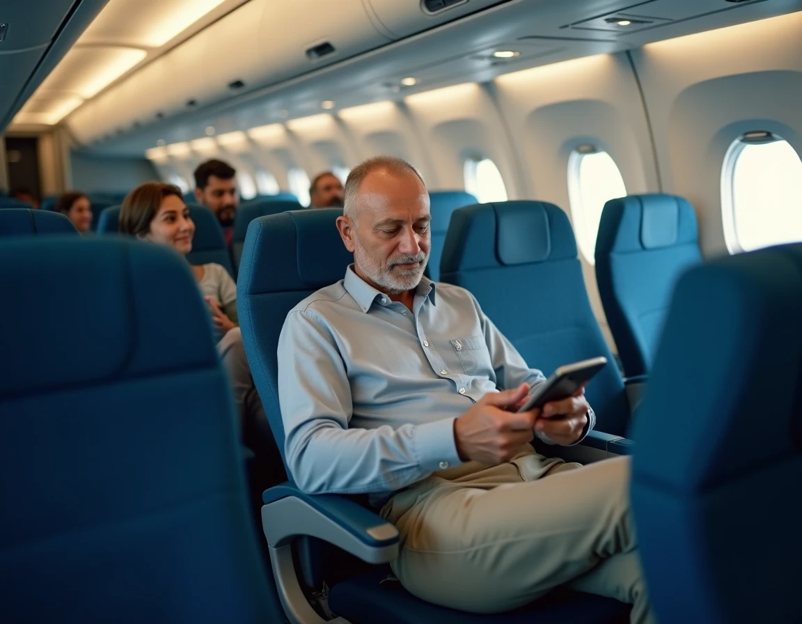 Passager français installé en classe économique dans la cabine d'un avion Air India