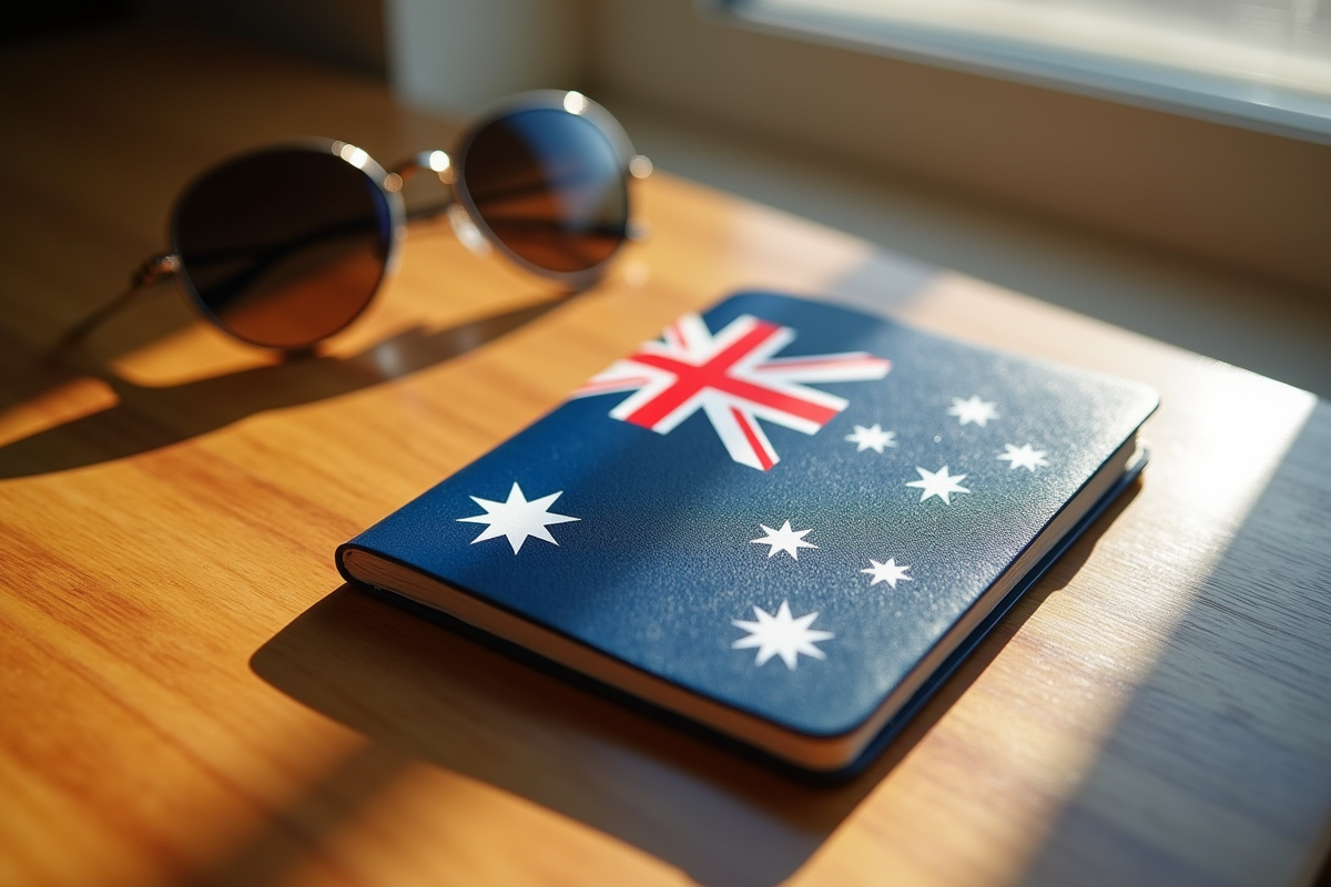 Passeport australien sur une table en bois en plein soleil