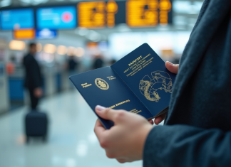 Voyageur tenant un passeport australien avec tampons visa