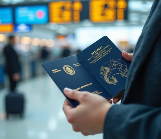 Voyageur tenant un passeport australien avec tampons visa