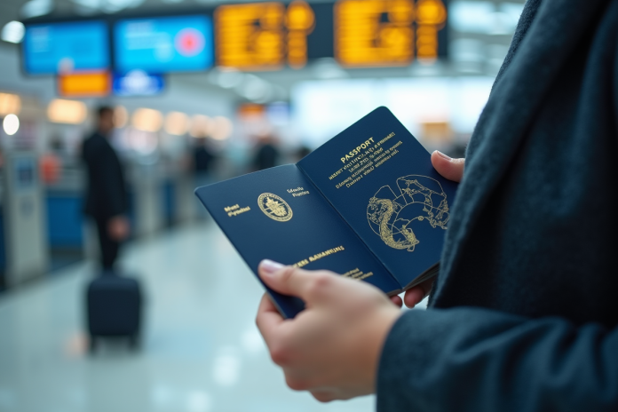 Voyageur tenant un passeport australien avec tampons visa