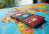 Collection de passeports colorés sur une carte du monde