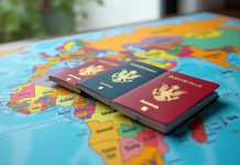 Collection de passeports colorés sur une carte du monde