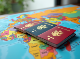 Prix des visas selon les pays, le comparatif qui surprend Collection de passeports colorés sur une carte du monde
