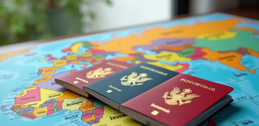 Prix des visas selon les pays, le comparatif qui surprend Collection de passeports colorés sur une carte du monde