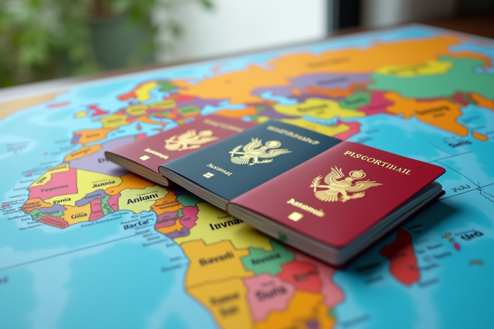 Collection de passeports colorés sur une carte du monde