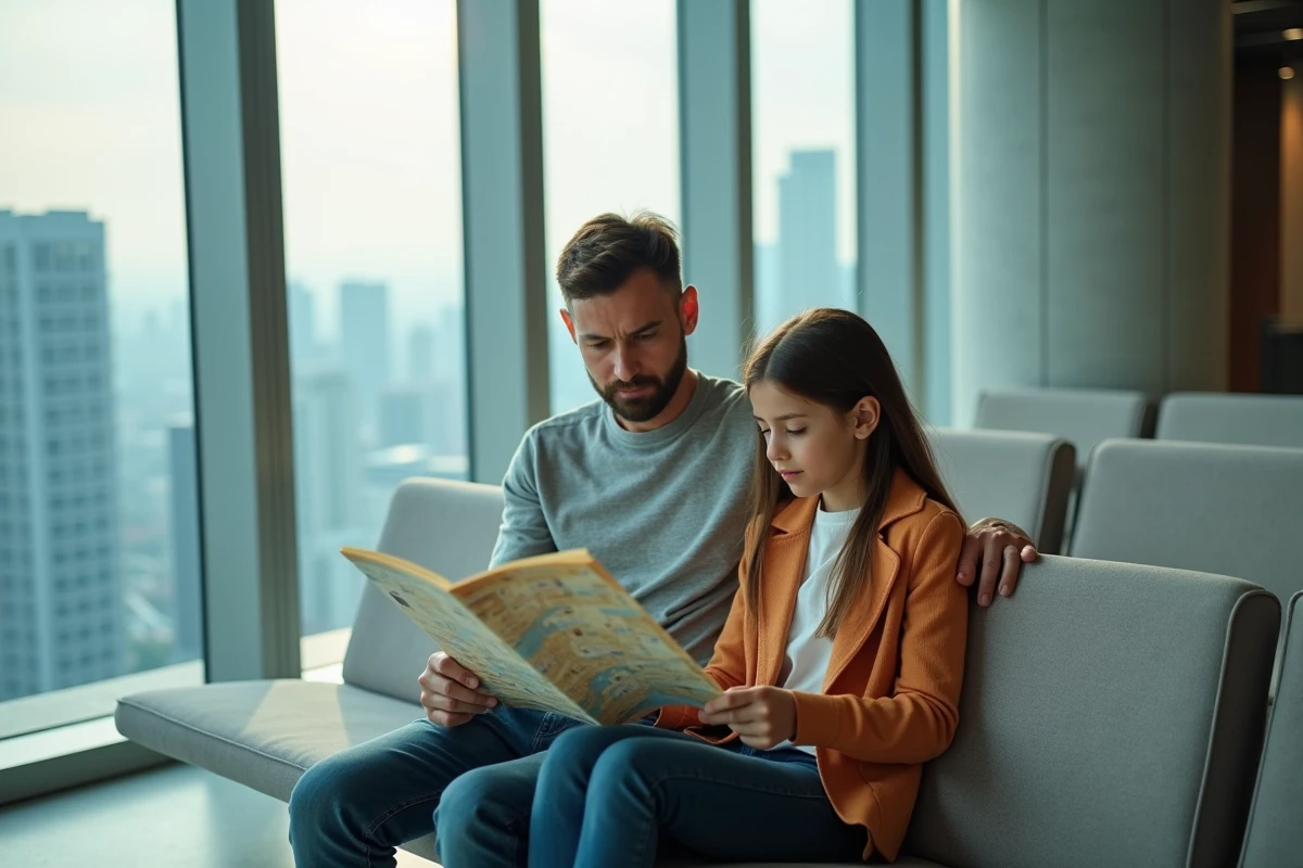 Père et fille consultant le guide de visite du Burj Khalifa avant de monter en ascenseur