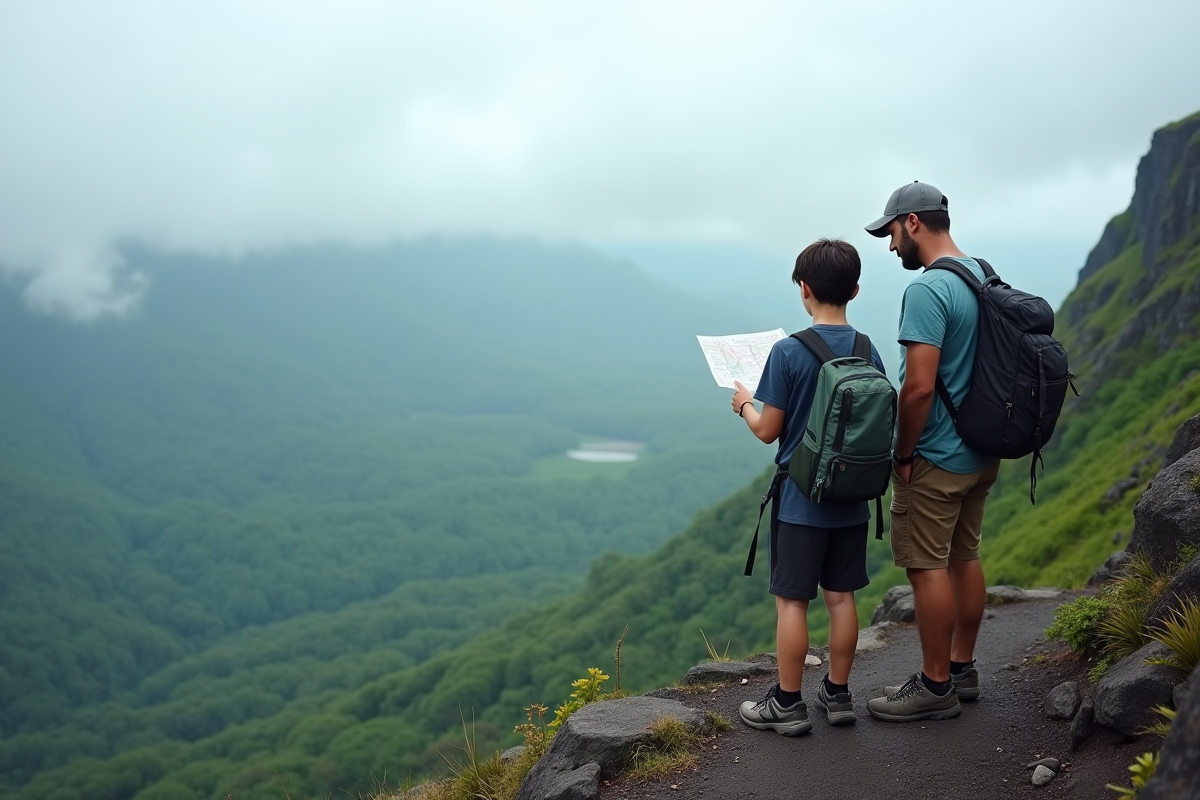 Pere et fils explorant un panorama à la Réunion