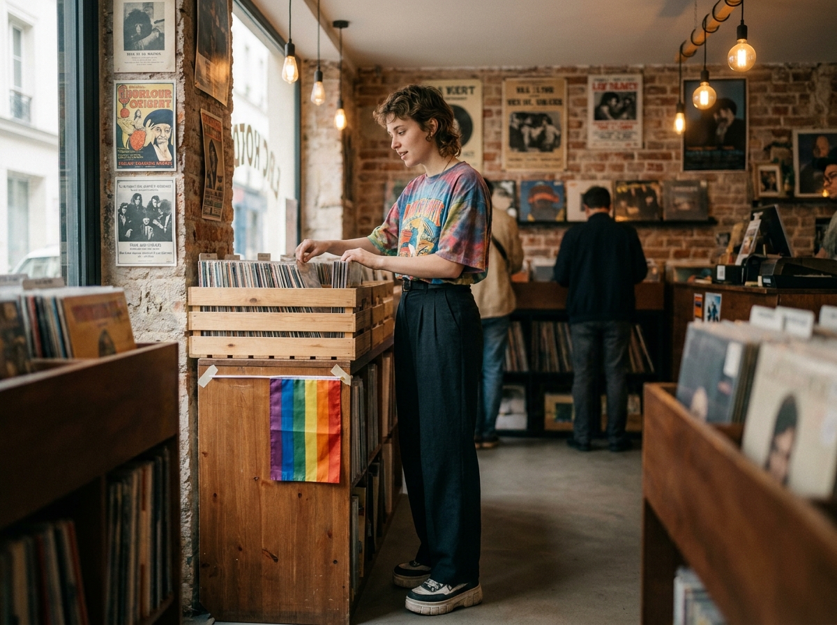 Personne non-binaire feuilletant des vinyles dans un disquaire indépendant LGBTQ-friendly du Marais à Paris