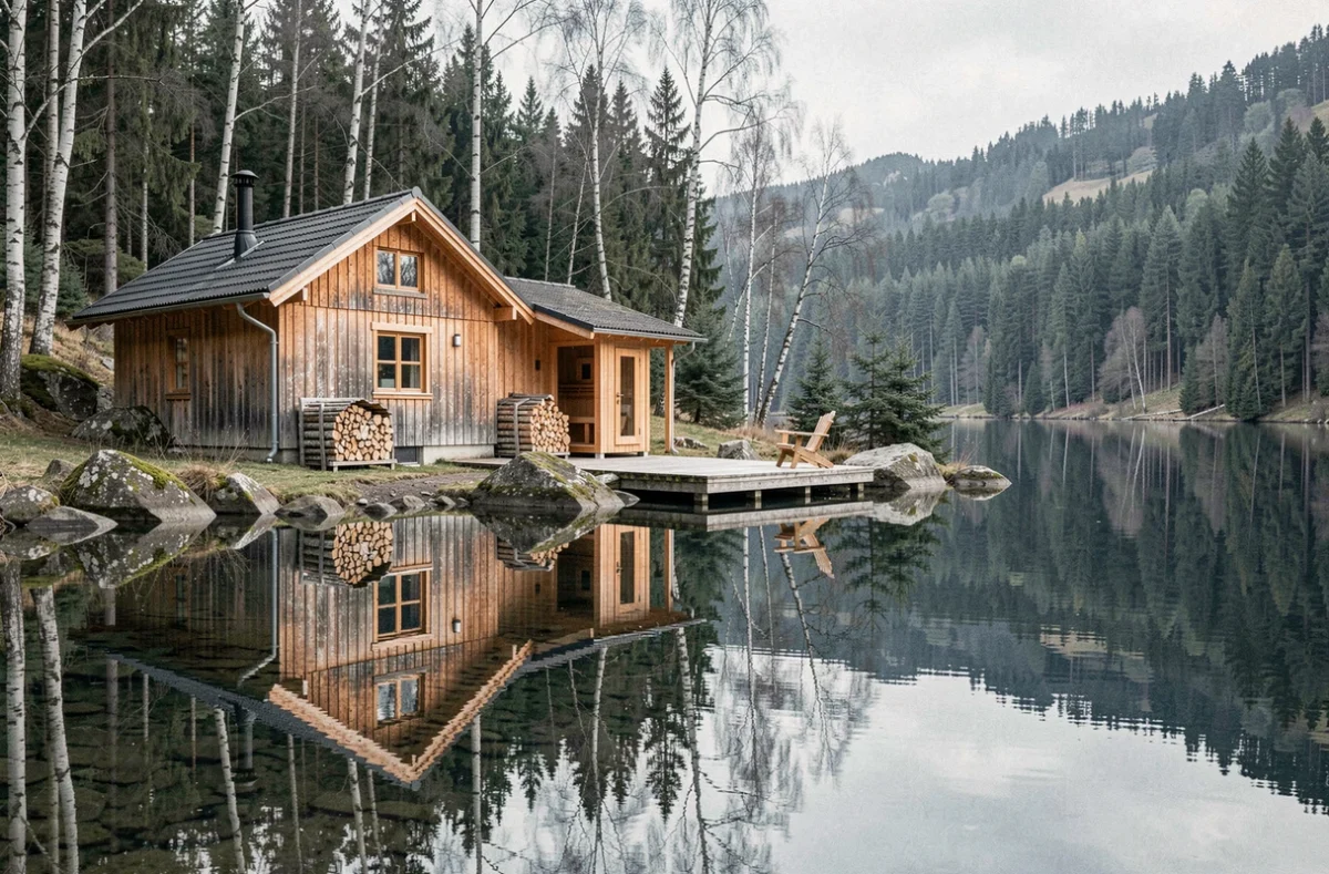 Chalet nordique de La Petite Finlande à Orbey au bord d'un lac forestier avec sauna extérieur et reflets des sapins vosgiens