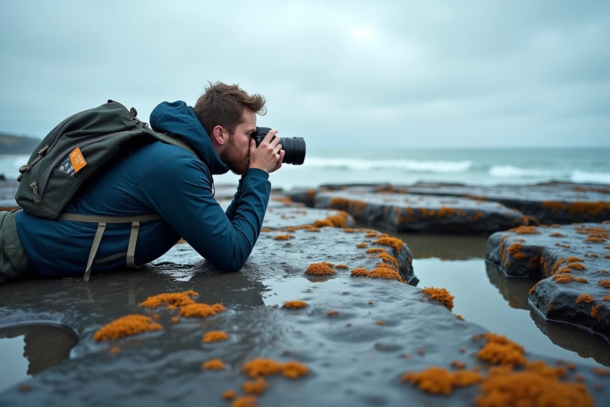 Photographe allongé sur les rochers de Biarritz consultant un horaire des marées, cadrant une composition côtière sur la côte basque atlantique