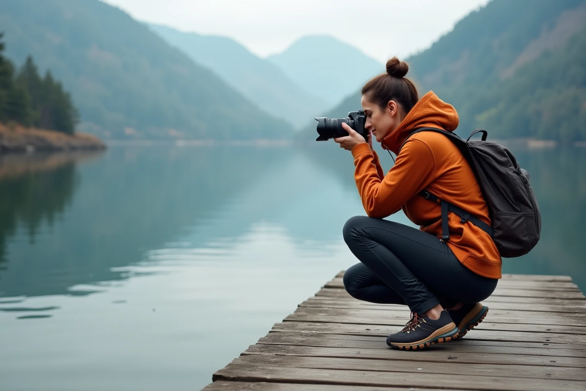 Photographe femme sur un ponton du lac de Gérardmer capturant les reflets de la forêt vosgienne