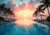 Piscine à débordement tropicale au lever du soleil avec transats et palmiers