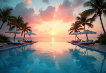 Piscine à débordement tropicale au lever du soleil avec transats et palmiers