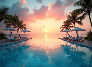 Piscine à débordement tropicale au lever du soleil avec transats et palmiers