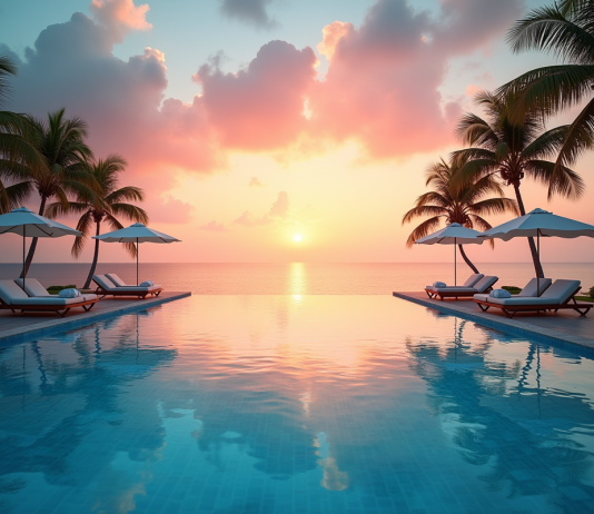 Le classement 2025 des meilleurs hôtels du monde à ne pas manquer Piscine à débordement tropicale au lever du soleil avec transats et palmiers