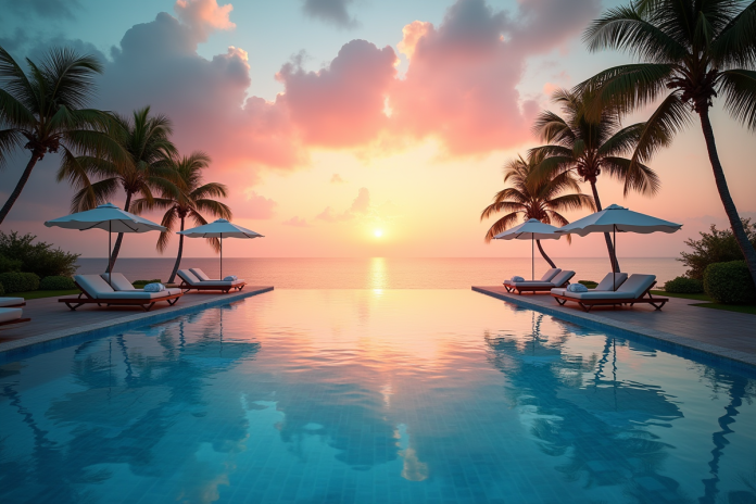 Piscine à débordement tropicale au lever du soleil avec transats et palmiers