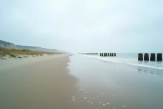 Plage sauvage des marais de Pennedepie en Normandie avec végétation de marais salants et mer calme à marée basse