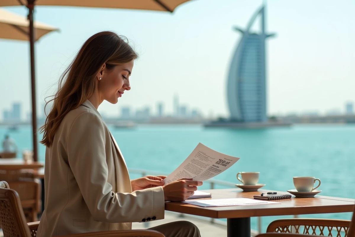 Voyageuse planifiant son budget pour un séjour au Burj Al Arab depuis une terrasse face à la mer à Dubaï