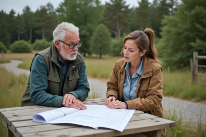 Homme et femme examinent des plans de camping en plein air