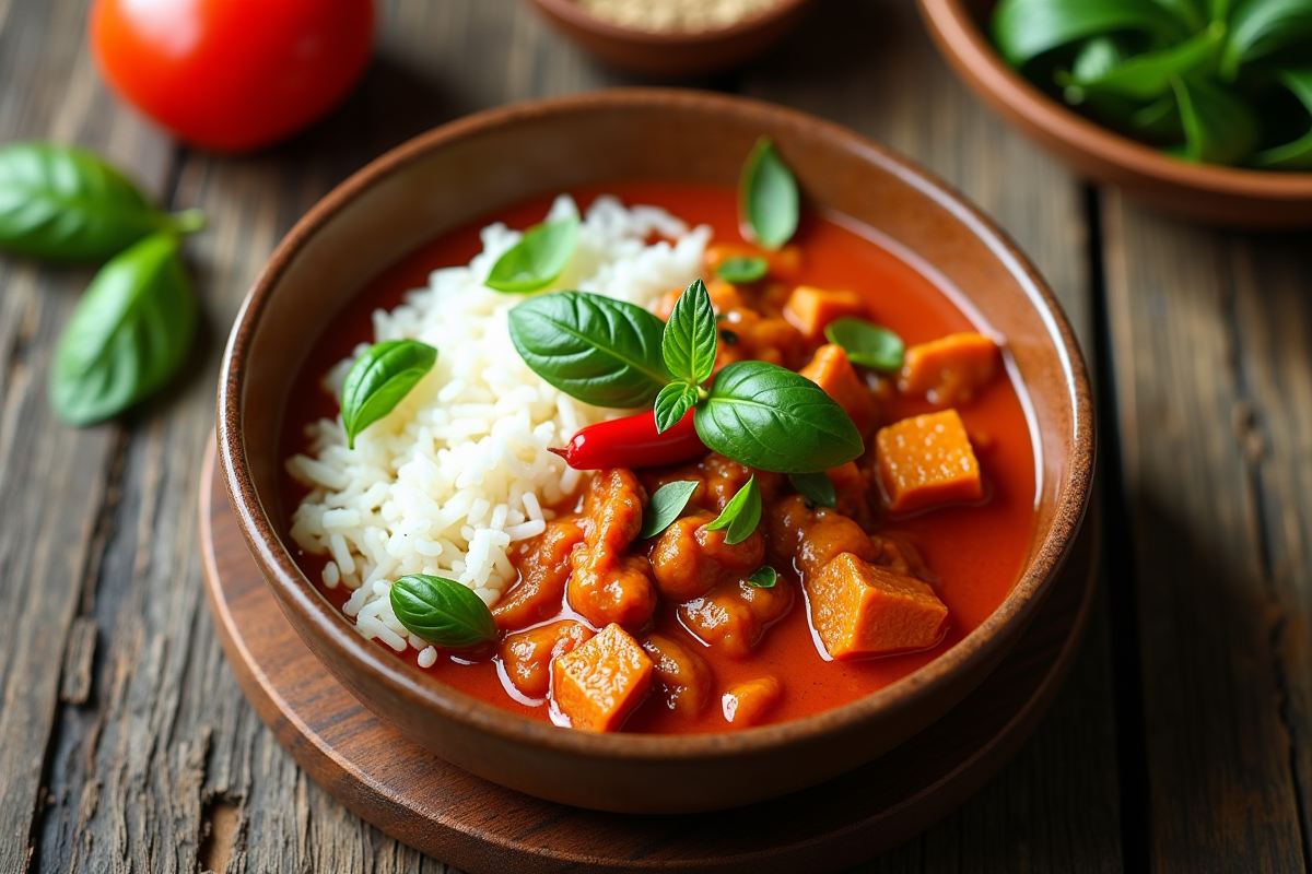 Gros plan sur un plat de curry rouge avec riz et basilic frais