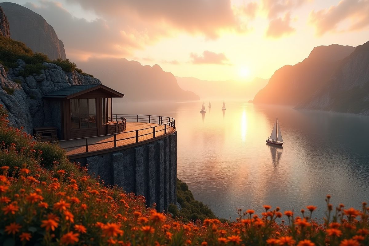Dalle en bois sur une falaise avec vue sur fjord au lever du soleil