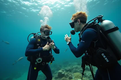 Plongeur en combinaison moderne communique un signal de sécurité sous l'eau