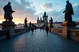 Vue nocturne du Pont Charles à Prague avec ses statues baroques et la rivière Vltava au crépuscule