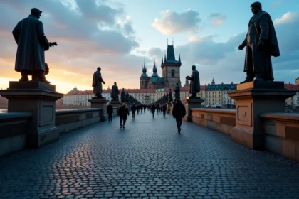 Vue nocturne du Pont Charles à Prague avec ses statues baroques et la rivière Vltava au crépuscule