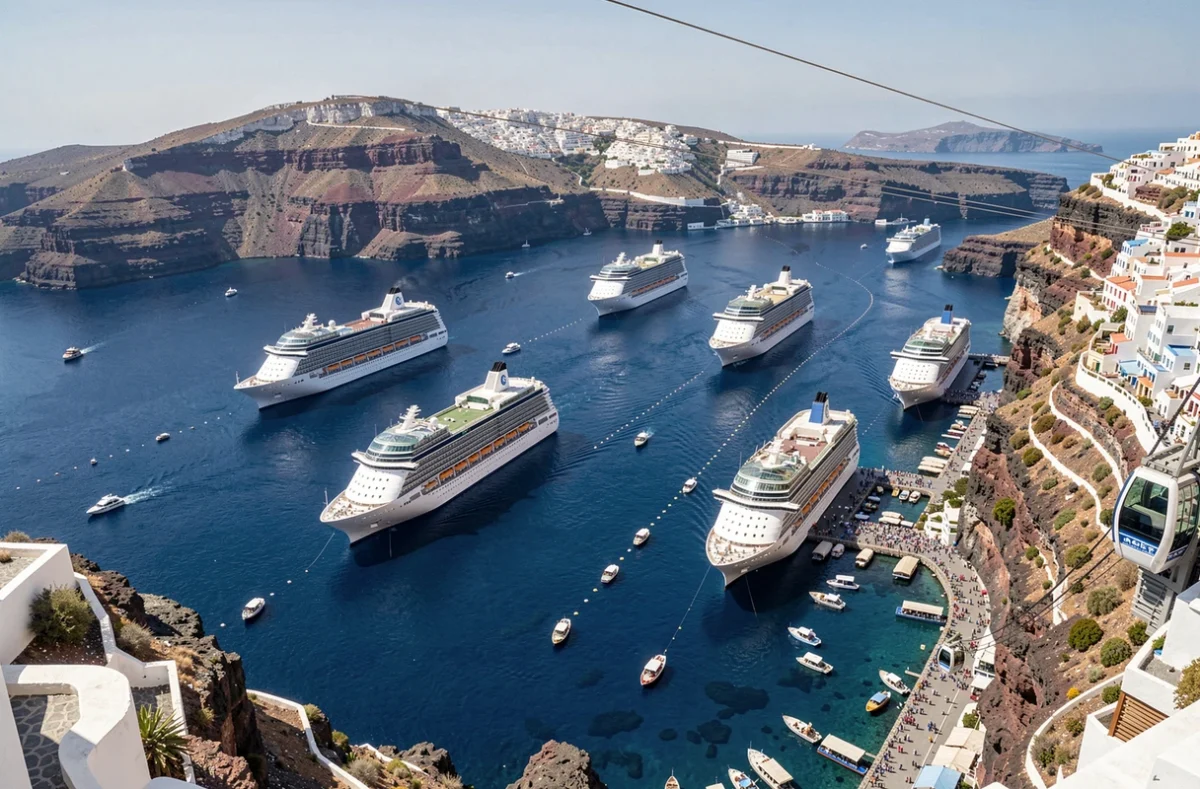 Vue panoramique du port de Fira à Santorin avec plusieurs grands navires de croisière ancrés dans la caldeira et bateaux navettes