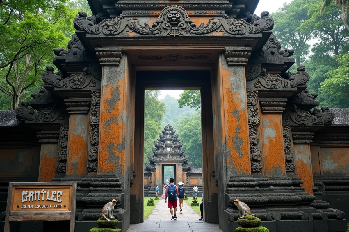 Portail en pierre sculpté de l'entrée du sanctuaire Sacred Monkey Forest à Ubud avec des macaques perchés sur l'arche ornementale