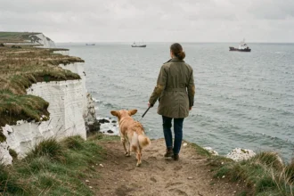 Femme promenant son golden retriever en laisse sur le sentier des falaises d'Ault en Normandie, vue panoramique sur la Manche en arrière-plan