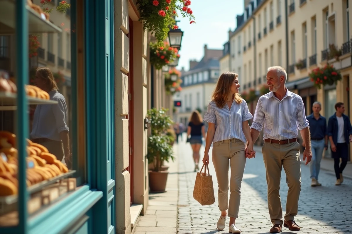 Couple se promenant dans les rues de La Baule à moins de 30 minutes de Guérande, découverte des spécialités bretonnes