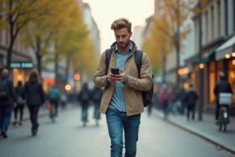 Homme marche dans la ville au matin avec son téléphone