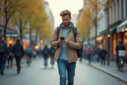 Homme marche dans la ville au matin avec son téléphone
