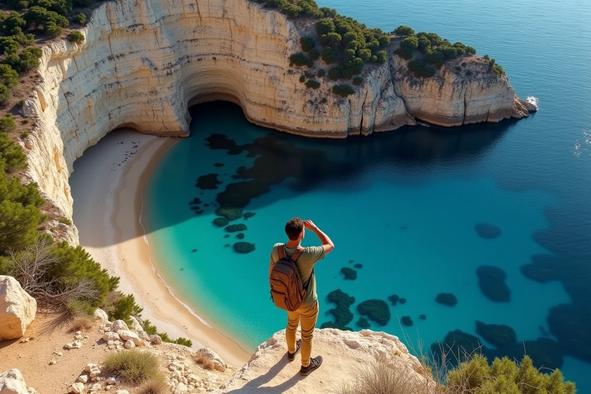 Voyageur contemplant une crique secrète et une arche marine depuis un promontoire rocheux à Chalki en Grèce