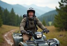 Homme en quad dans les Pyrénées avec paysage verdoyant