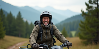 Homme en quad dans les Pyrénées avec paysage verdoyant