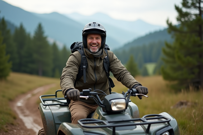 Homme en quad dans les Pyrénées avec paysage verdoyant