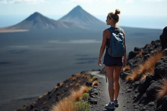 Jeune femme en randonnée sur le volcan Piton de la Fournaise